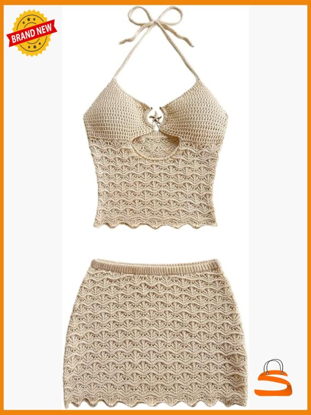 2 Piece Crochet Backless Halter Crop Top and Mini Skirt Set